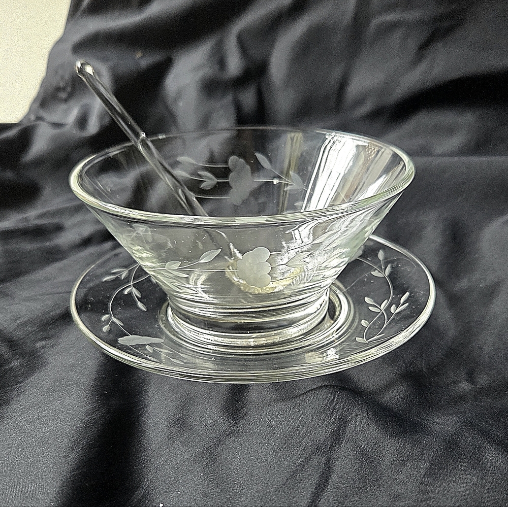 Princess House Clear Etched Glass Dessert Bowl with Saucer and Spoon